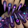 Uñas Vestibles de Escamas Moradas y Negras Estilo Gótico, Parches Oscuros para Manicura, Uñas Postizas Sexy Personalizadas, Uñas Largas en Forma de Almendra