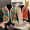 Colete de Algodão Infantil para Outono e Inverno, Forrado com Fleece de Três Camadas, Espessado, Estampado, Colete Quente, Estilo Chinês, Roupa de Ano Novo para Bebê, Camiseta Grande com Estampa Floral