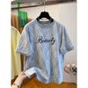 Talla extra 100.00 kg Camiseta de Encaje Industria Pesada Manga Corta para Mujer Nueva Holgada para chica rellenita Casual Estilo Occidental Cuello Redondo Top A3611