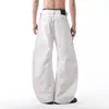 Jeans Branco Retro Americano com Barra Curva para Homens, Primavera e Outono de 2026, Calças Largas Baggy com Cintura Ajustável