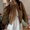 Chaqueta de béisbol de gamuza color café vintage estilo francés de Dongdaemun, Corea, corte holgado, elegante abrigo de motociclista