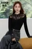 Camiseta Base de Encaje Dorada Jiaxuan 996 Nuevo Top de una Sola Pieza para Otoño e Invierno, Estilo Fino Versátil de Manga Larga para Usar en Capas o Solo