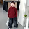 Suéter Masculino Estiloso 2026 Novo Inverno Meia-Zip Camisa Base Tricô Infantil Suéter de Tricô Masculino Vermelho