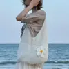 Nova Bolsa de Palha Grande Capacidade para Verão, Bolsa de Praia Tecida, Bolsa de Praia de Tricô com Flores, Bolsa Tote Elegante de Ombro Único para o Dia a Dia