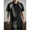 Camisa Polo Rayada Retro Americana para Hombre, Camiseta de Manga Corta Deconstruida de Peso Pesado, Top Holgado Oversize de Gama Alta, Moderno