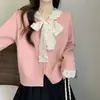 Tejido de Punto con Cuello de Lazo de Encaje Azul Tejido de Punto para Mujer Primavera y Otoño 2025 Nuevo Dulce Suave Ceroso Manga Larga Top Moderno