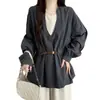 Roupas femininas plus size coleção outono 2026, design único, falso duas peças, moderno, acinturado, blusa casual de manga longa com cinto
