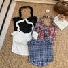 Moda Estilo Hot Girl Sexy Elegante Conjunto Feminino Verão Novo Xadrez Gola Halter Top Tubo Calça Casual de Pernas Largas Conjunto de Duas Peças