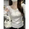 Estilo coreano Pure Desire Lace Stitching Manga comprida Ombro T-Shirt Outono Slim-Fit Interior