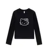 Top Interior Negro de Cuello Redondo con Diseño de Dibujos Animados Estilo Americano, Corte Ajustado, Favorecedor, Camiseta de Manga Larga para Mujer