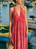 2026 Verano Nuevo Estilo de Vacaciones Europeo y Americano Transfronterizo para Mujer Estampado Retro Espalda Descubierta Borla con Cordones Vestido Largo