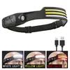 Lanterna de Cabeça LED de Silicone Mini Multifuncional Sensor de Onda Lanterna Cob Pesca ao Ar Livre Luz Forte Lanterna de Feixe Alto e Baixo