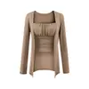 Conjunto de Dos Piezas para Mujer: Chaleco Interior de Tirantes Cortos con Almohadilla en el Pecho Plisada de una Sola Línea Estilo Pura Pasión + Cárdigan de Manga Larga