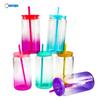 Vaso mason de vidrio de borosilicato alto de 16 oz para sublimación, color jalea degradado, tapa PP a color, vaso de vidrio para transferencia de calor con popote