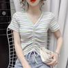 Playera de manga corta con cuello en V y cordón ajustable con rayas de arcoíris de Simon Lerner para mujer, verano, nueva, corte ajustado, combinable, top pequeño