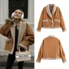 Casaco de Lã Retrô Americano Outono/Inverno 2025 para Mulheres, Jaqueta com Pele Integrada, Peça de Roupa Exterior da Moda em Cáqui
