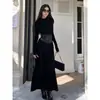 Vestido Preto de Couro Patchwork com Cadarço Estilo Francês para Mulheres, Primavera e Outono, Transfronteiriço, Cintura Marcada, Ajustado ao Corpo, Saia Longa Evasê