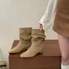 Botines Versátiles de Moda con Punta Cuadrada Retro, Botines de Media Pantorrilla Fruncidos First Encounter Season Otoño/Invierno 2026
