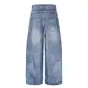 Diseño deconstruido retro americano, jeans de doble cintura, unisex, nueva colección de otoño, lavados, corte holgado, pierna ancha, pantalones largos