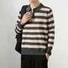 Transfronterizo Se Puede Enviar en Nombre de 25 Camisa de Otoño e Invierno Cuello Solapa Tejido de Punto Rayas Anchas Tejido de Punto para Hombre Joven 9
