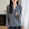 Nova coleção outono e inverno: suéter de cashmere tricotado, de alta qualidade, gola semiaberta com múltiplos botões, de manga longa, para mulheres