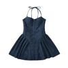 Vestido Estilo Francés Chica Sexy Deseo Puro Rayado Cuello Cintura Espalda Descubierta Verano para Mujer Nuevo Solapa Sencillo Falda Línea A