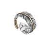 Anillo de Pluma Vintage para Hombre, Moderno, Personalizado, Estilo Hip-Hop, Patrón de Hierba Tang, Anillo de Dedo, Plata Tailandesa Imitación, Ala de Ángel, Anillo de Dedo Abierto