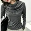 2026 Nova Camiseta Preta de Manga Longa para Mulheres, Primavera, Outono, Inverno, Ombro a Ombro, Emagrecedora, Minimalista, Blusa Base para Outono Inicial 0058
