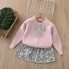 Conjunto de Dos Piezas de Suéter Infantil Ropa para Niñas Conjunto de Punto Falda Bebé Niña Lentejuelas Lazo Cárdigan Chaqueta Conjunto de Manga Larga
