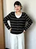 Blusa listrada de gola redonda para mulheres plus size, estilo outono 2026, suéter de tricô casual solto para mulheres plus size