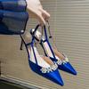 Vestido de Noite Elegante Estilo Francês Sandálias de Salto Alto com Biqueira de Strass Sandálias para Mulheres Primavera e Verão Bico Fino Cetim Branco Sapatos de Casamento Sapatos para Madrinhas