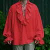 En Stock 2019 Wish Amazon Vintage Camisa de Color Sólido para Hombre con Cuello de Solapa, Camisa Fruncida, Mangas Abullonadas C106 Lino