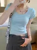 Camiseta de Color Sólido con Cuello Redondo y Hombros Descubiertos para Mujer, Verano, Algodón Puro Elástico, Combinable con Todo, Corte Ajustado, Adelgazante, Estilo Spice Girls, Cubre-carne, Manga Corta para Mujer