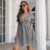 Vestido xadrez francês retrô profundo decote em V manga bufante Vestido evasê verão novo estação independente europeu e americano vestido feminino transfronteiriço