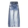 Diseño deconstruido retro americano, jeans de doble cintura, unisex, nueva colección de otoño, lavados, corte holgado, pierna ancha, pantalones largos