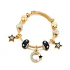 Pulseira Pan's Nova Simples com Pingente de Estrela Linha Preta com Diamantes e Contas de Vidro Pretas Espaçador Trevo de Quatro Folhas
