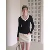 Suéter de duas cores para mulheres, novo estilo outono e inverno, pode ser usado como camada interna ou externa, top de malha que afina e valoriza