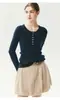 Suéter de lã de manga comprida, gola redonda, meio abotoado, corte justo, modelador para mulheres, cor sólida, top de tricô de lã cashmere, camada base