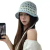 Sombrero de Pescador Tejido Azul y Blanco Estilo Coreano para Mujer, Sombrero de Sol Transpirable Calado de Verano, Sombrero Tipo Cubo Dulce y de Alta Gama