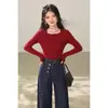 Top de punto elegante rojo con hombros descubiertos y manga larga para mujer, nueva camiseta básica ajustada de otoño