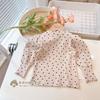 Camiseta Base de Primavera y Otoño para Mujer y Niña, Ropa Infantil de Estilo Occidental para Bebé, Marca de Moda de Personalidad Infantil, Estilo Coreano, Borde de Oreja, Mangas Abullonadas con Amor