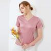 Primavera e Verão Nova Seda V-neck manga curta Camiseta Feminina Cor Sólida All-match Mulberry Seda Malha Folded Collar Base Shirt Loose Top