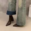 Botas de Cano Curto Francesas Apontadas com Salto Bloco Alto para Mulheres, Temporada Outono e Inverno 2025, Botas Martin com Forro de Lã Marrom, Botas Curtas Slim