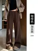 Calça reta feminina com bolso diagonal e padrão acolchoado cor de café 2026 nova outono/inverno cintura alta com caimento boa para esconder medidas perna estreita perna larga