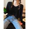 Primavera e Outono Novo Suéter com decote em V Feminino Camisa de Base Fina Design Interno Suéter Solto de Estilo Ocidental Top de Manga Comprida