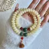 Artículo Caliente de Transmisión en VivoPulsera de Bodhi de Jade Blanco con Colgante de Loto de Boj, Cuentas de Ábaco, Cuentas de Oración Budistas de Doble Círculo Venta al por Mayor