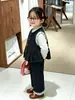 Atuendo otoñal elegante estilo coreano para niñas, chaleco de mezclilla con ribete de encaje para bebé y pantalones, camisa básica versátil