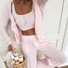 Pijama de Jacquard Tejido de Moda Europea y Americana Transfronterizo Conjunto de Tres Piezas con Pantalones de Manga Larga Ropa de Casa para Mujer Nuevo Estilo Otoño e Invierno 2025