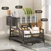 Escurridor de platos para encimera de fregadero de cocina, estante de almacenamiento con drenaje sin taladro, portavasos y escurridor de platos multifuncional para el hogar