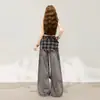 Jeans Rasgados Retro Americanos Desgastados para Mujer, Nuevo Diseño Otoño 2026, Pantalones de Pierna Ancha con Solapa a Cuadros